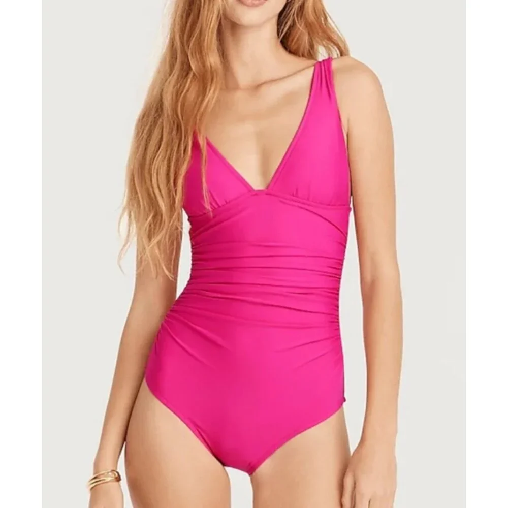 J.Crew Swimsuit Pink Ruched V-neck One Piece Swimsuit NEW Fuchsia 12 Barbiecore - Picture 4 of 4
